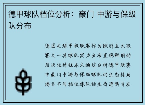 德甲球队档位分析：豪门 中游与保级队分布