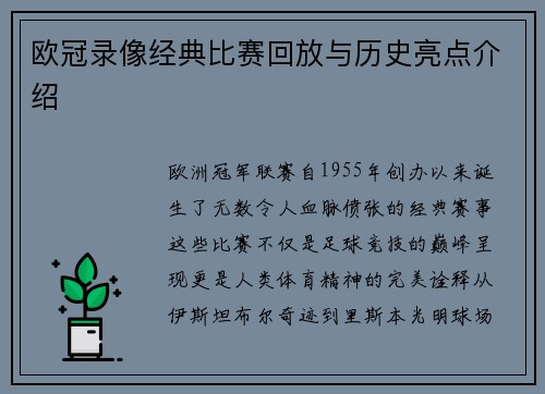 欧冠录像经典比赛回放与历史亮点介绍